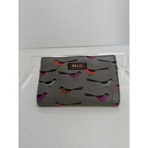 Relic Burgundy Multicolor Bird Pattern Zipper Coin ID Pockets Wallet EUc